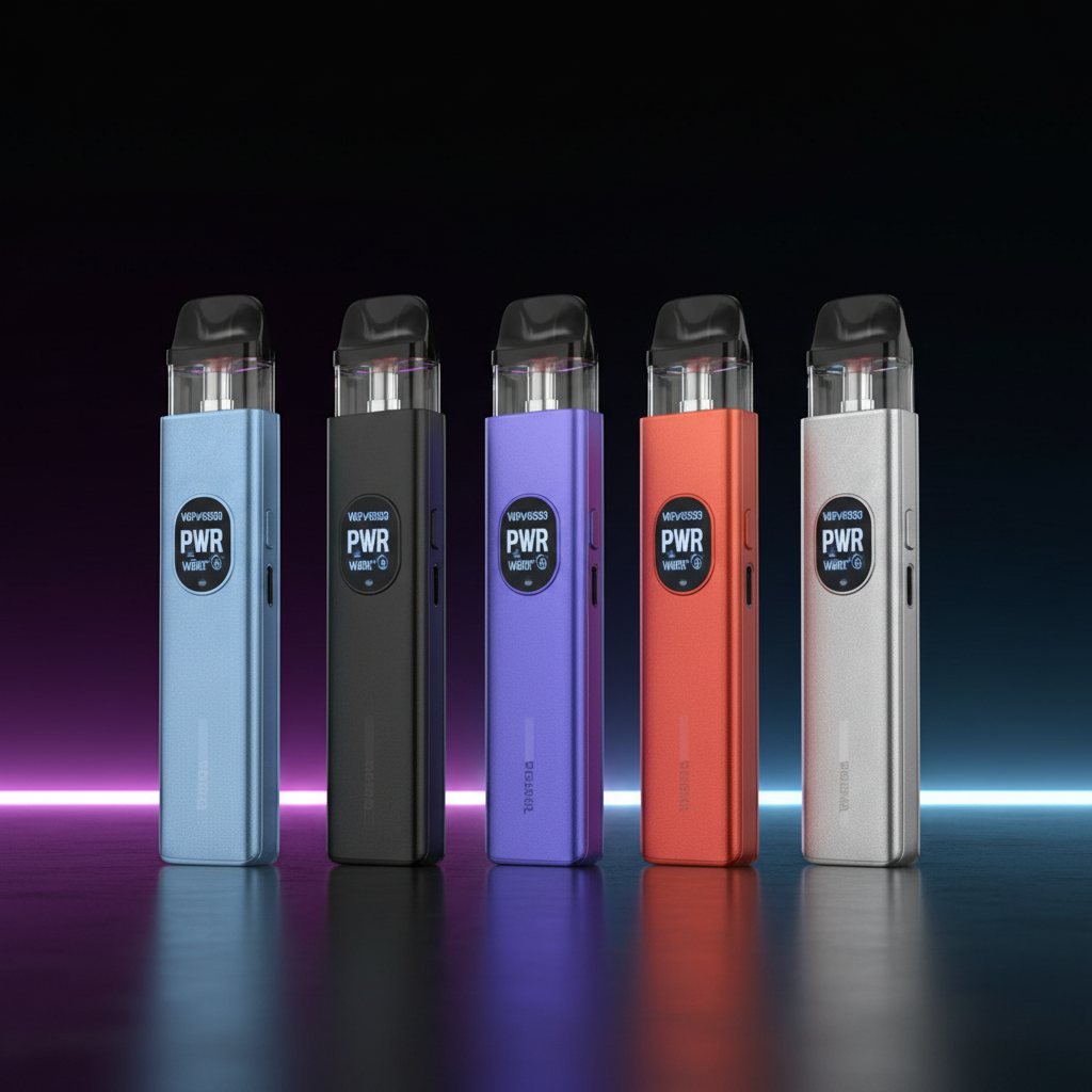 Vaporesso XROS 5 Pod Kit in 5 colours on dark neon background